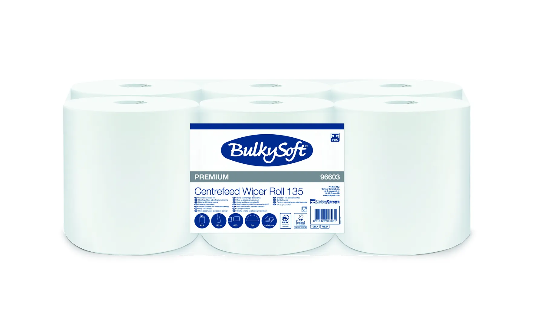 96603 BulkySoft® PREMIUM MAXI papírové ručníky, role, středový odvin, celulóza, bílé, 2-vrst., 450 útr., 135 m (6 rol/krt)_IGEFA-ROIN