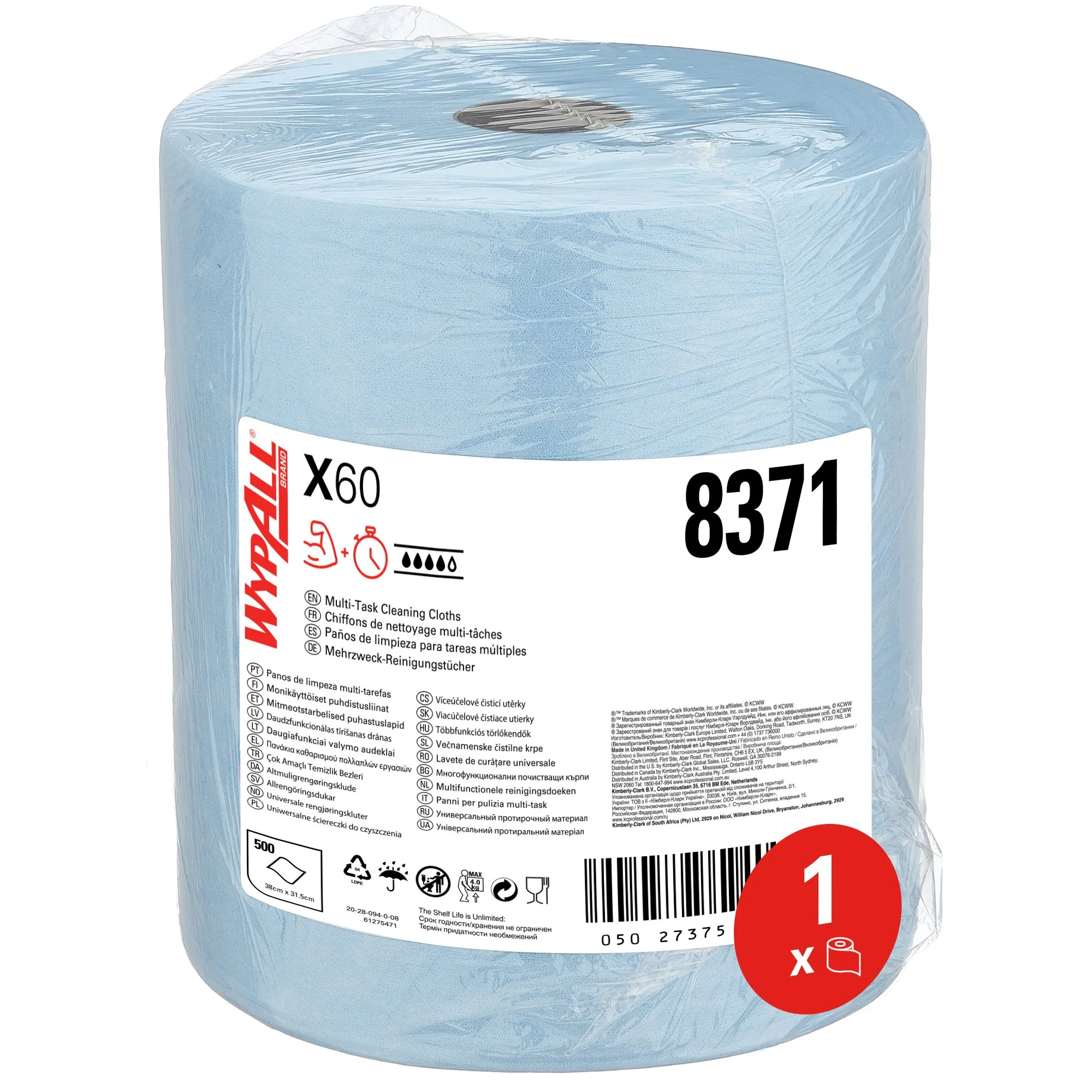 8371 WypAll® X60 utěrky, role, netkaná textilie, modré, 1-vrst., 38,5 x 31 cm, 502 útr._IGEFA-ROIN