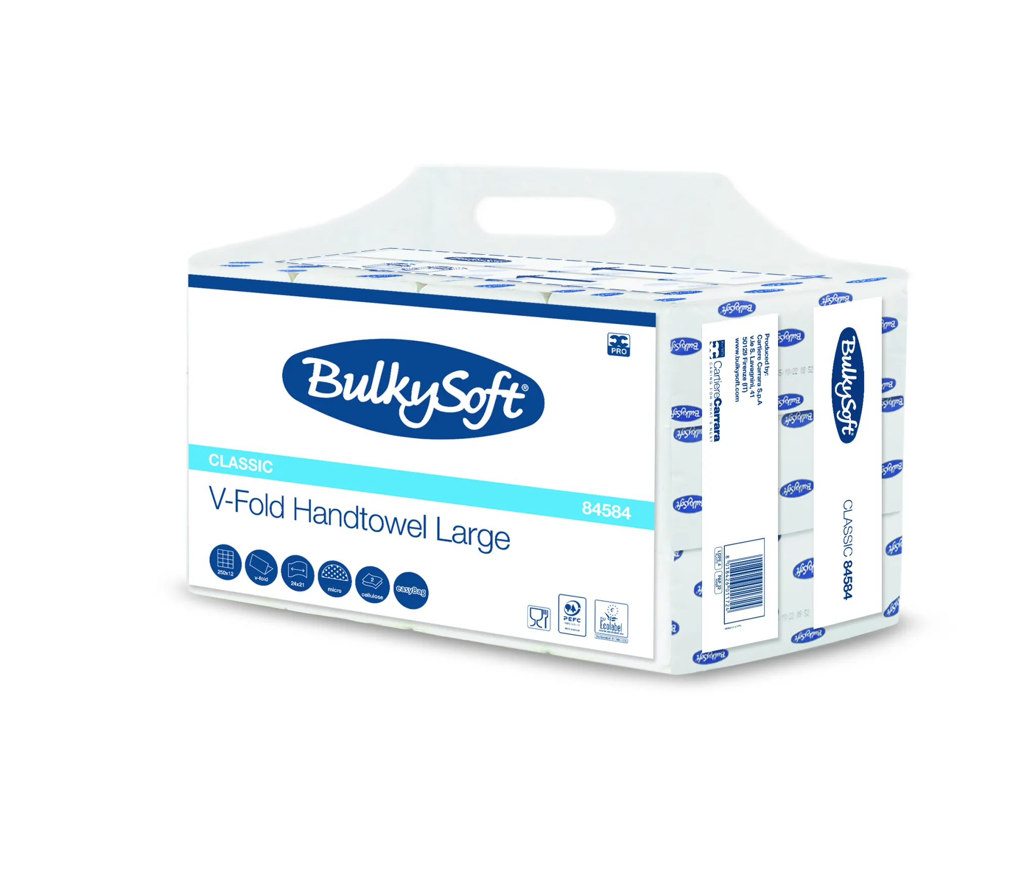 84584 BulkySoft® CLASSIC papírové ručníky, skládané, V-sklad, celulóza, bílé, 2-vrst., 24 x 21 cm (3000 ks/krt)_IGEFA-ROIN