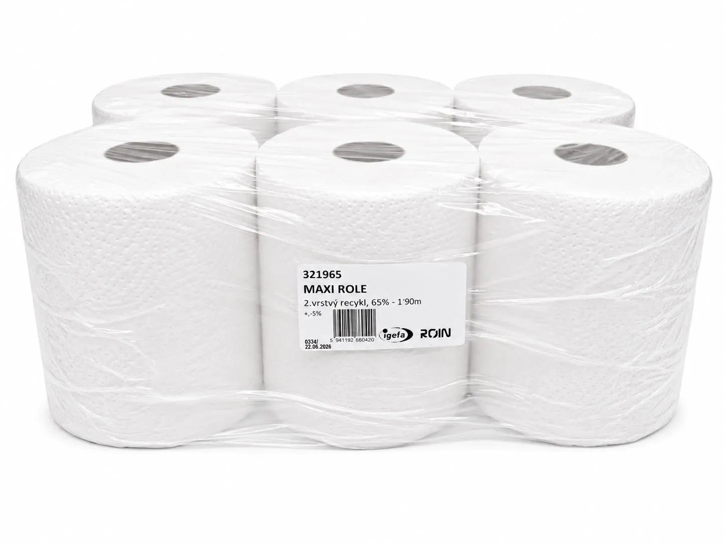 Papírové ručníky MAXI, role, středový odvin, recykl, bílé, 2-vrst., 120 m (6 rol/krt)_IGEFA-ROIN