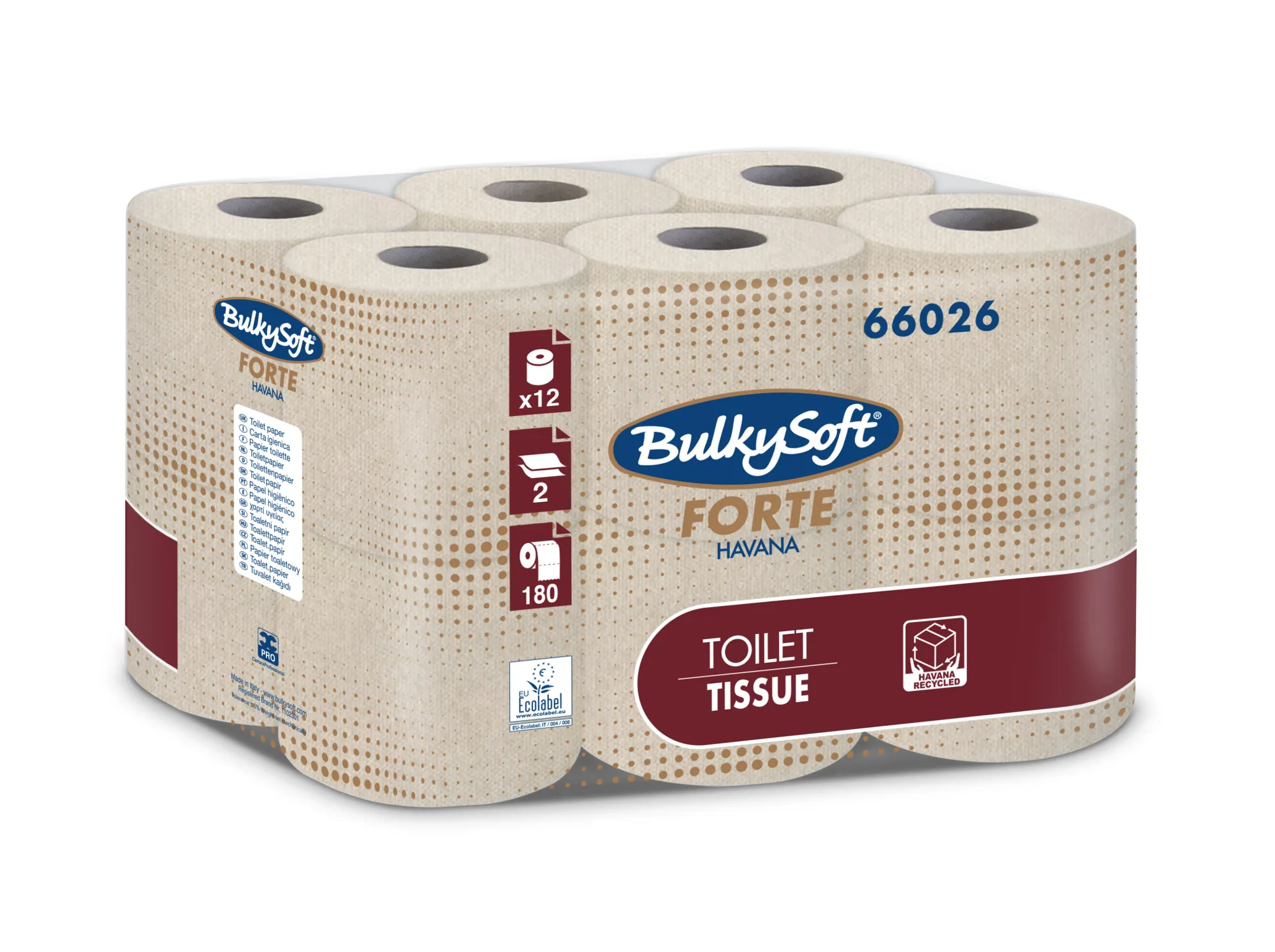 66026 BulkySoft® Forte HAVANA toaletní papír, konvenční role, recykl, hnědý, 2-vrst., 180 útr., 18 m (12 rol/bal)_IGEFA-ROIN