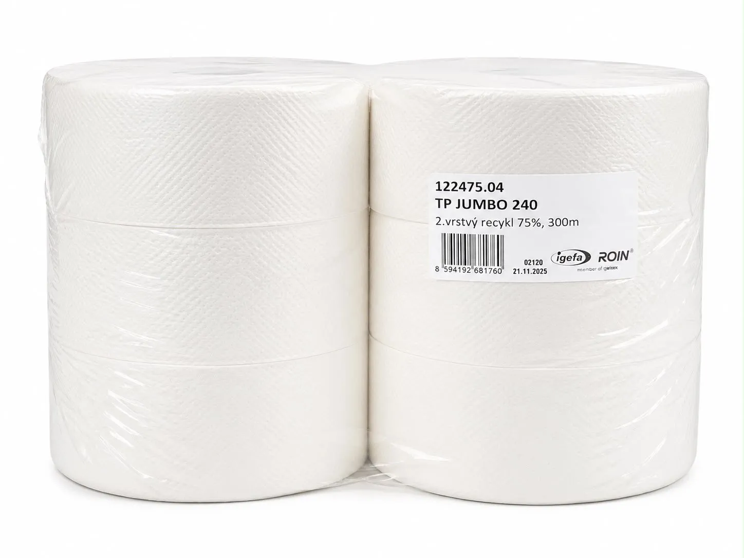 Toaletní papír Jumbo 240, recykl, bílý, 2-vrst., 300 m (6 rol/krt)_IGEFA-ROIN