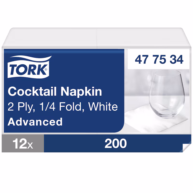 477534 Tork ubrousky koktejlové, 24 x 24 cm, 1/4 sklad, celulóza, bílé, 2-vrst. (2400 ks/krt) _IGEFA-ROIN