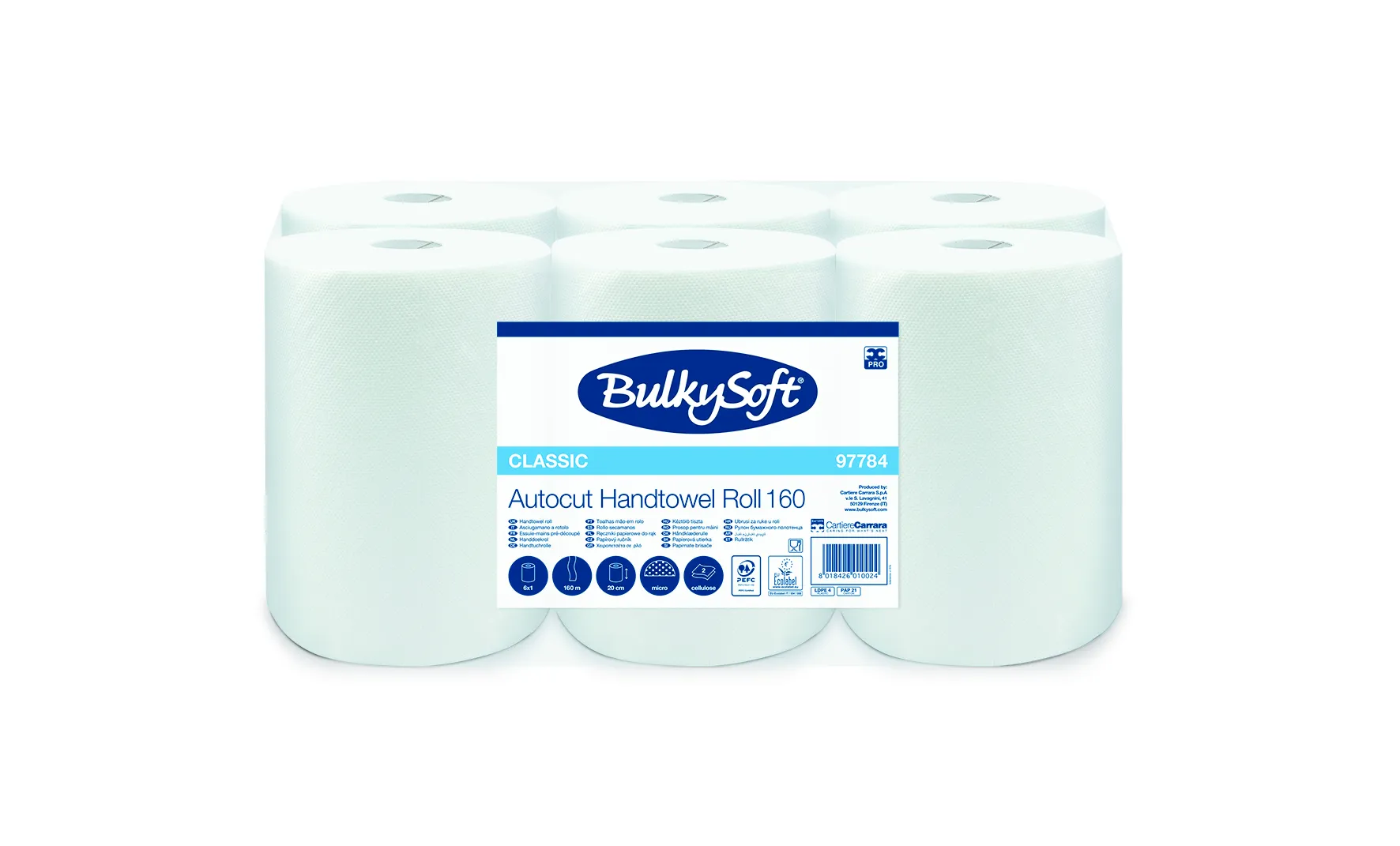 97784 BulkySoft® CLASSIC SLIM papírové ručníky, role, celulóza, bílé, 2-vrst., 160 m (6 rol/krt)_IGEFA-ROIN