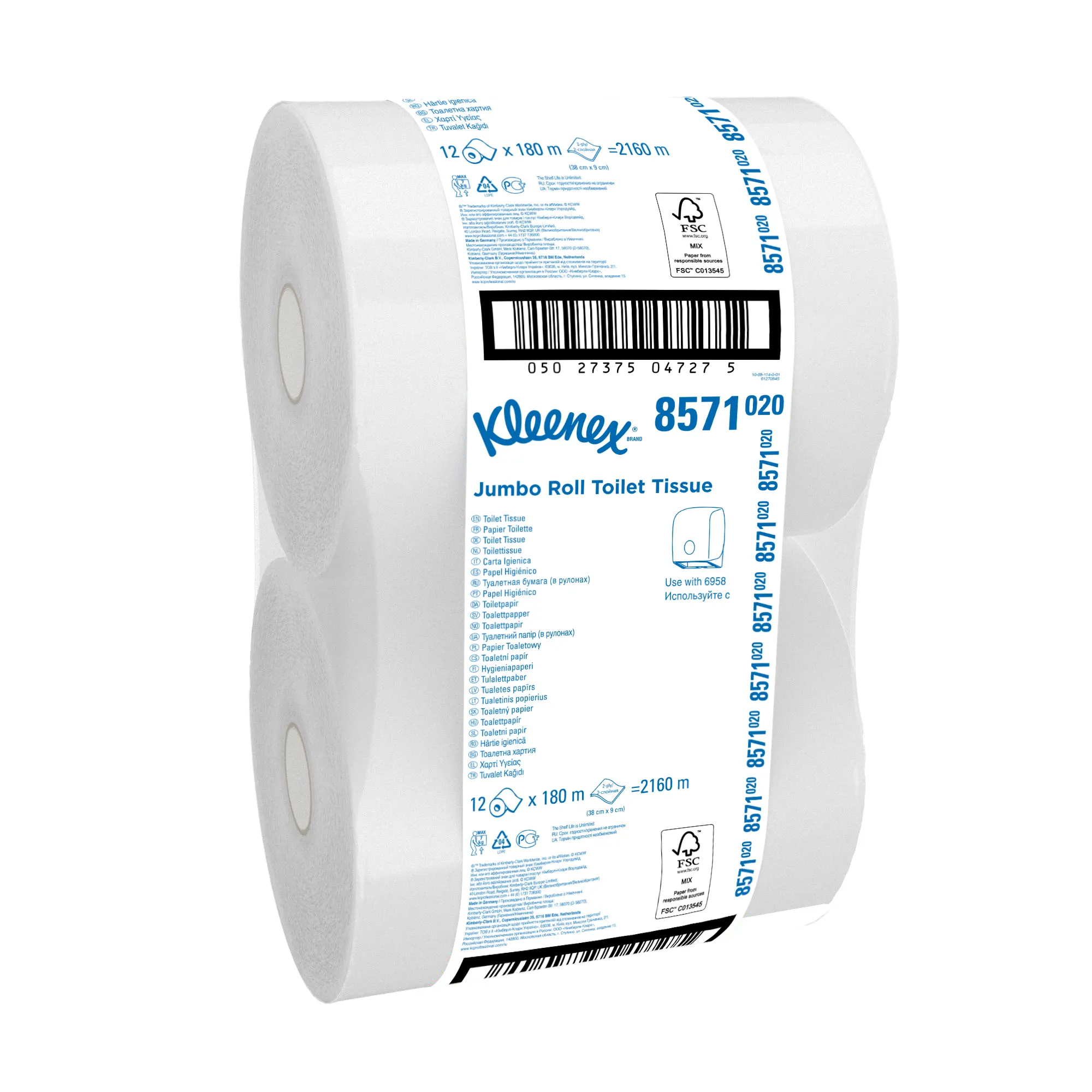 8571 Kleenex® toaletní papír Mini Jumbo, recykl, bílý, 2-vrst., 474 útr., 180 m (12 rol/krt)_IGEFA-ROIN