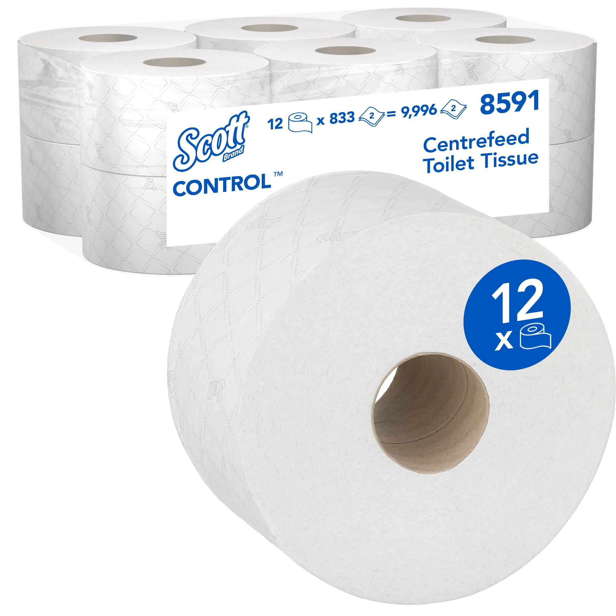8591 Scott® Control toaletní papír, role, centrální odvin, recykl, bílý, 2-vrst., 833 útr., 204 m (12 rol/krt)_IGEFA-ROIN