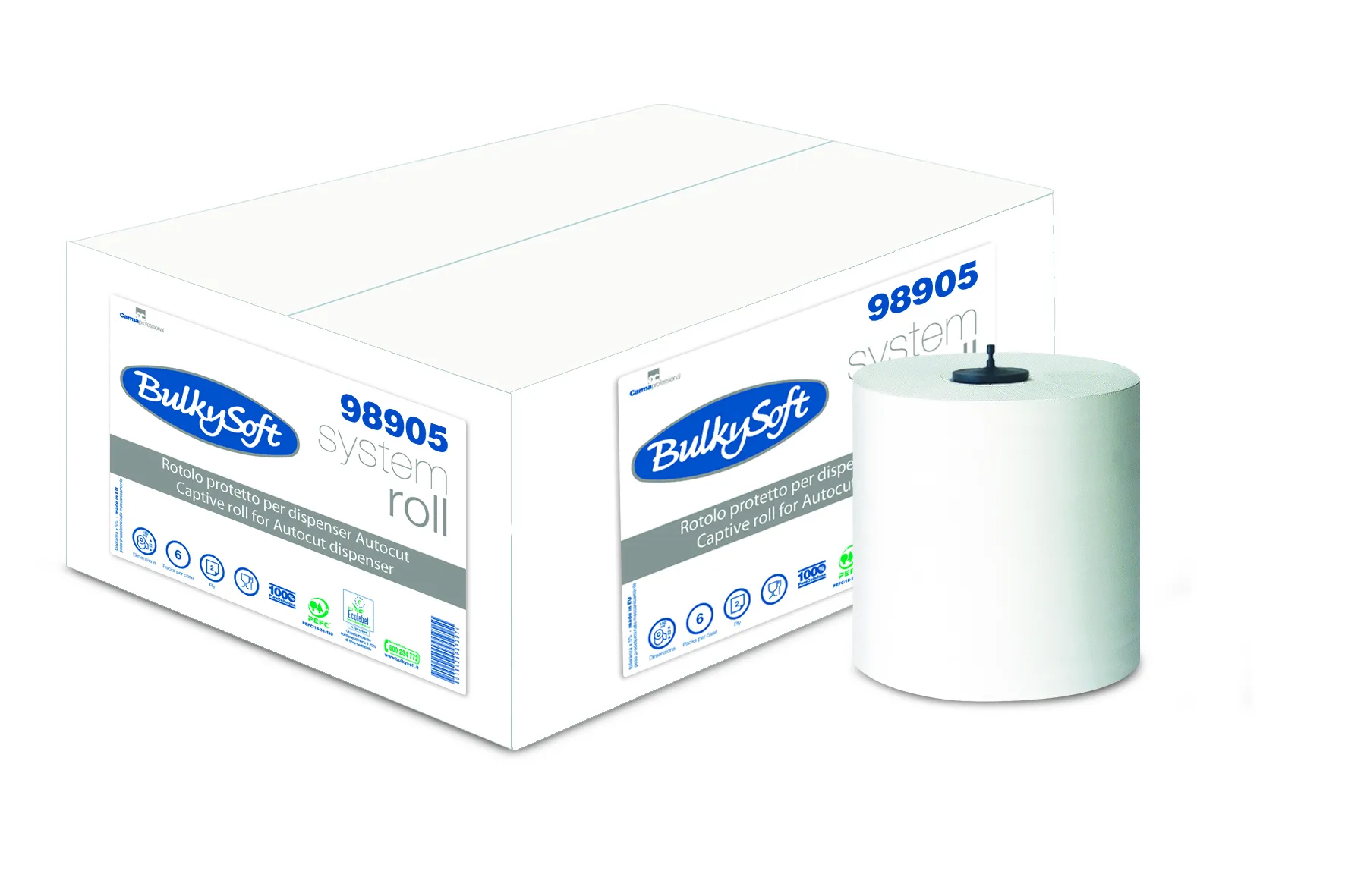 98905 BulkySoft® papírové ručníky, role, celulóza, bílé, 2-vrst., 200 m (6 rol/krt)_IGEFA-ROIN