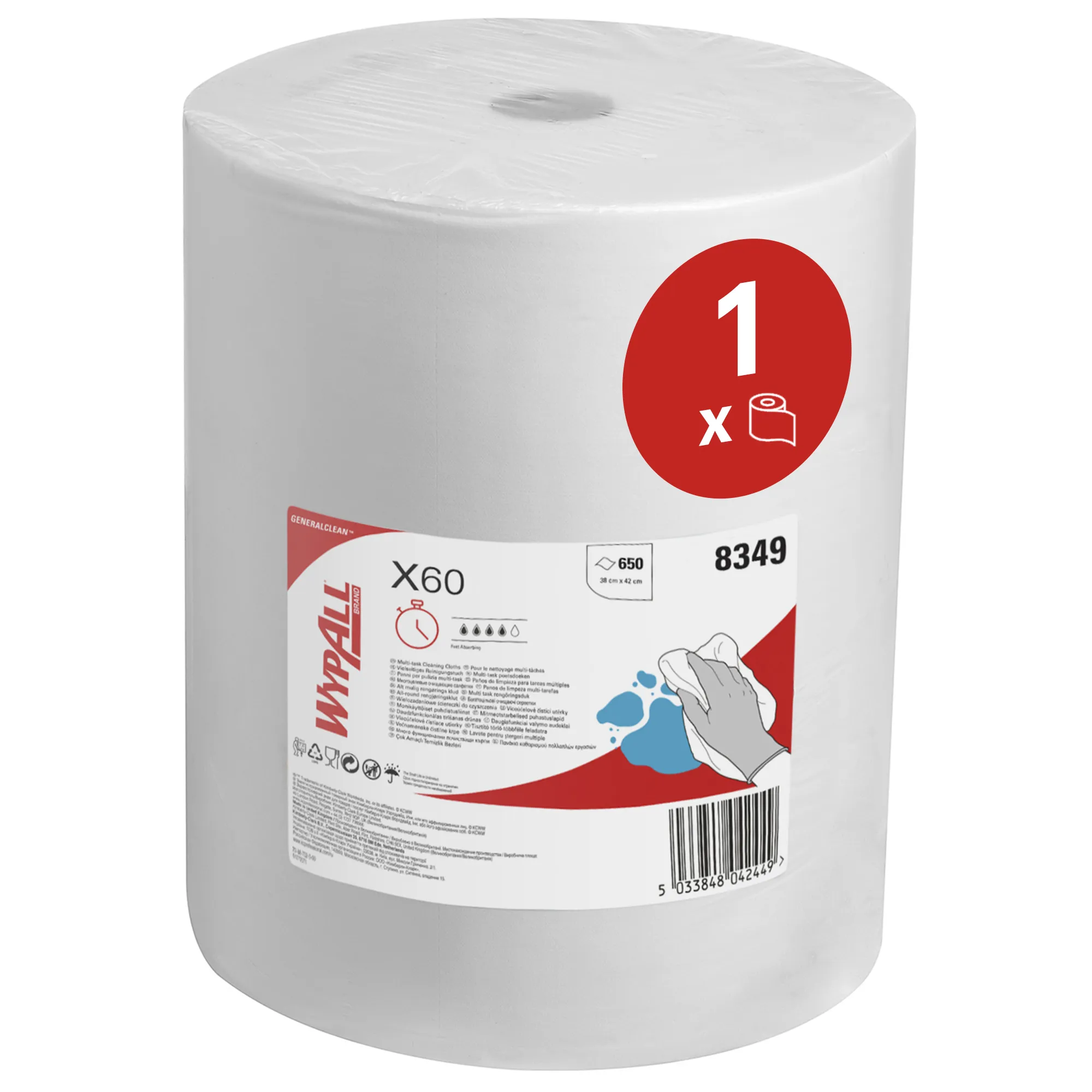 8349 WypAll® X60 utěrky, role, netkaná textilie, bílé, 1-vrst., 38,5 x 41,5 cm, 652 útr._IGEFA-ROIN