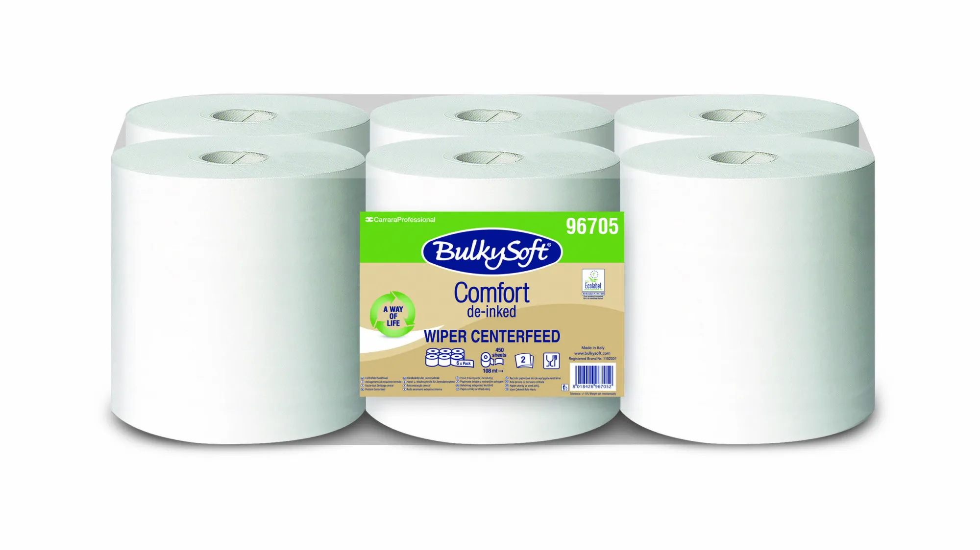96705 Bulky Soft® COMFORT MAXI papírové ručníky, role, středový odvin, recykl, bílé, 2-vrst., 450 útr., 108 m (6 rol/krt)_IGEFA-ROIN