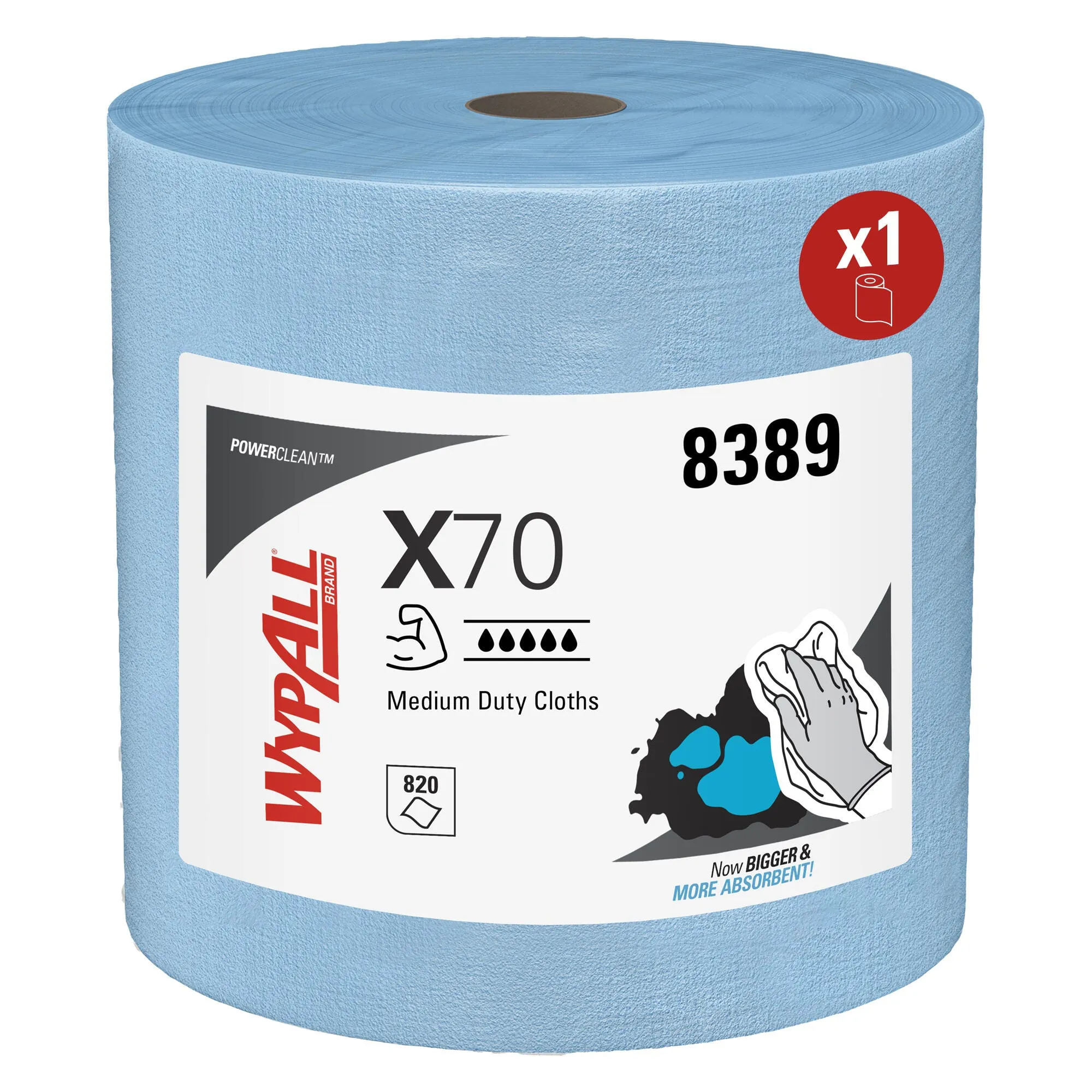 8389 WypAll® X70 PowerClean, utěrky, role, netkaná textilie, modré, 1-vrst., 31,5 x 31 cm, 870 útr._IGEFA-ROIN