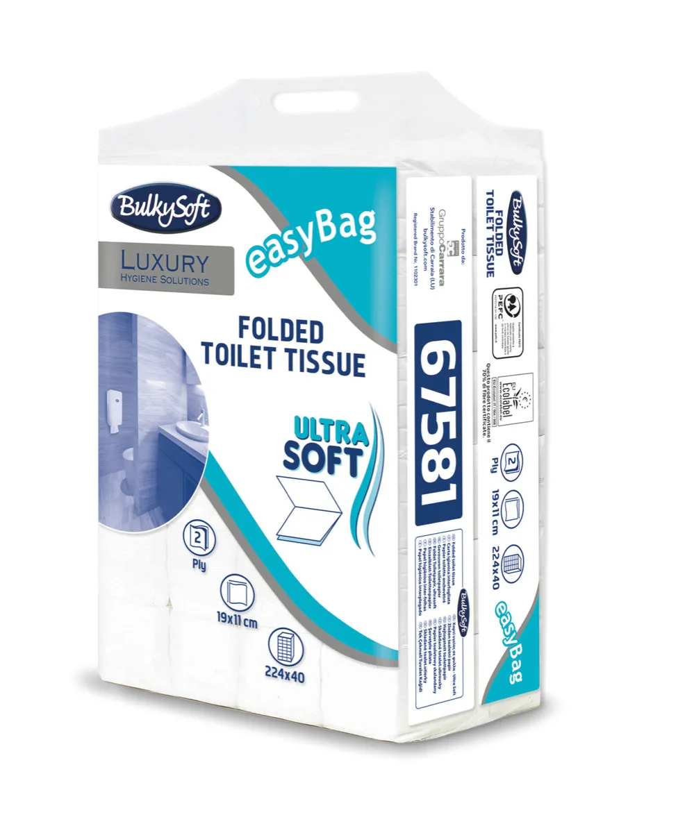 67581 BulkySoft® EXCELLENCE toaletní papír, skládaný, celulóza, bílý, 2-vrst., 11 x 19 cm (8960 ks/krt)_IGEFA-ROIN