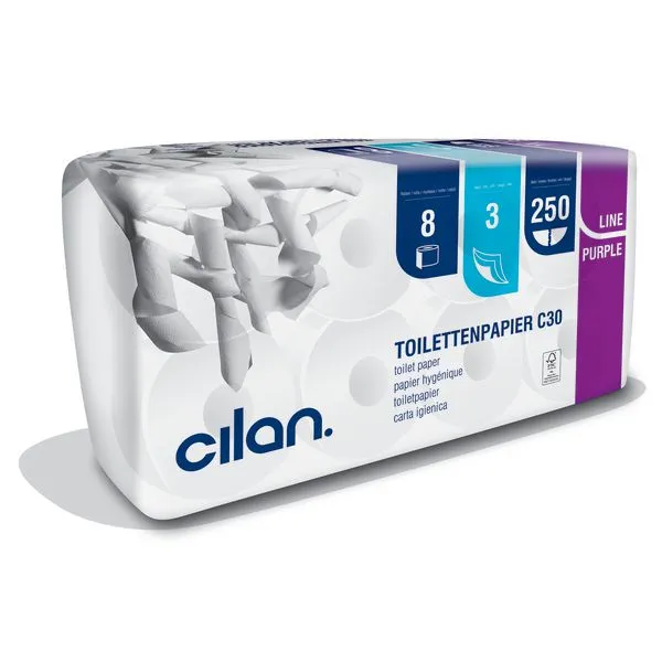 CILAN C30 toaletní papír, konvenční role, celulóza, bílý, 3-vrst., 250 útr., 27,5 m (72 rol/krt)_IGEFA-ROIN