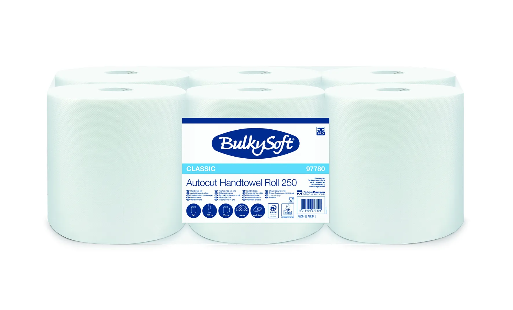 97780 BulkySoft® CLASSIC papírové ručníky, role, celulóza, bílé, 2-vrst., 250 m (6 rol/krt)_IGEFA-ROIN